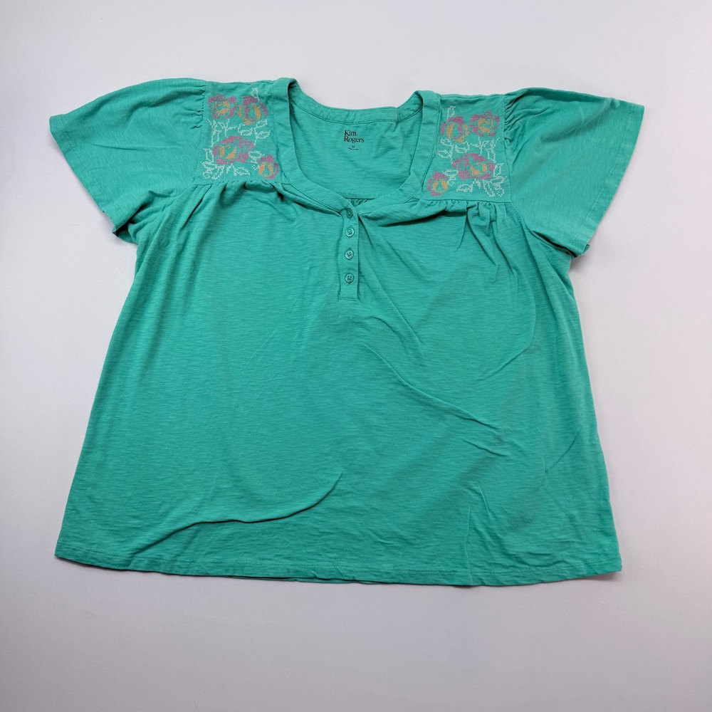 Kim Rogers Teal Green Floral Embroidered Henley Short Sleeve Cotton Top Medium
